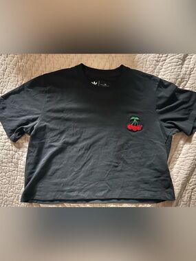 adidas Black Short-Sleeve Crop Tee with Red Cherry Patch